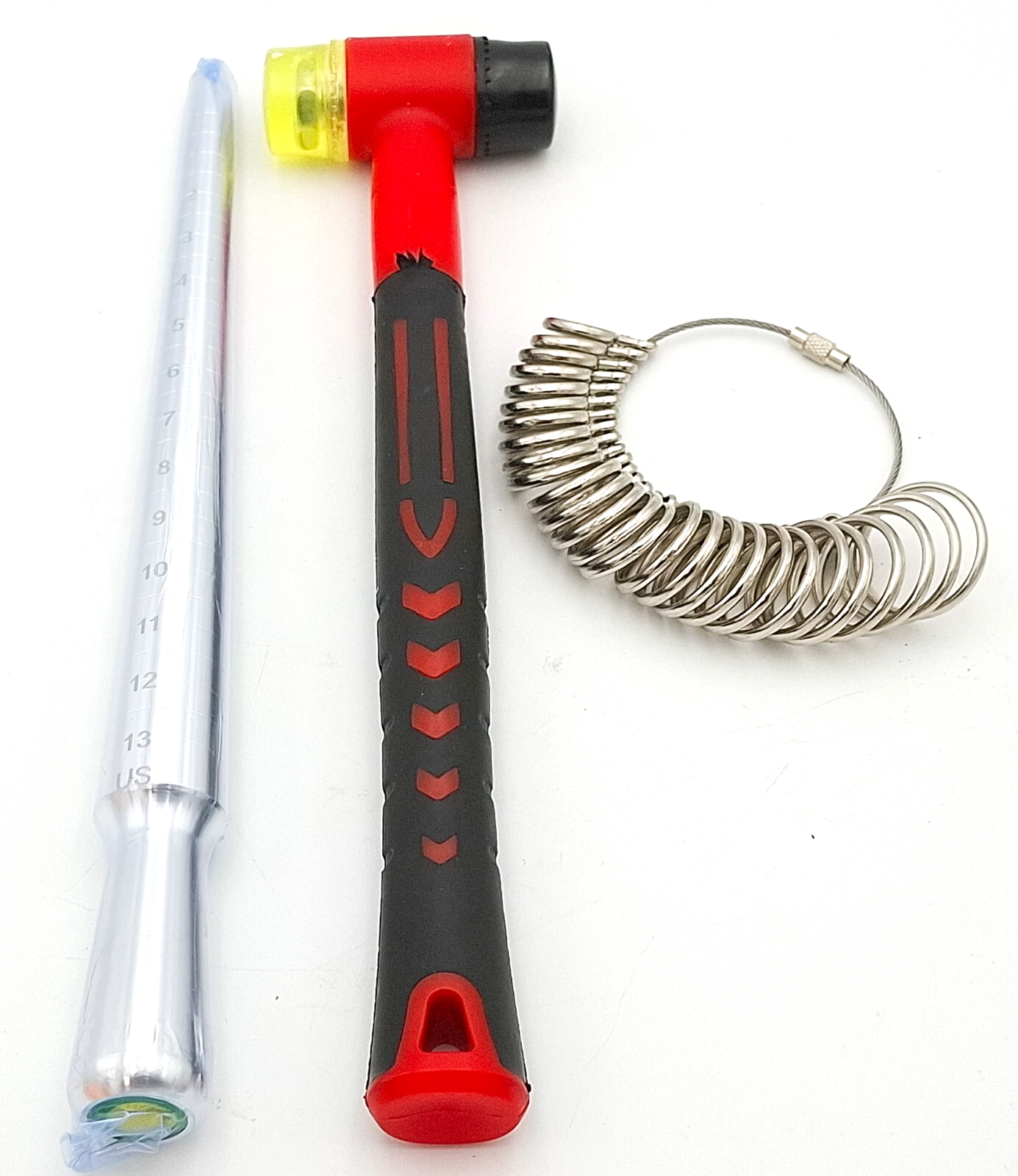 Ring-Sizer-Tool-Set-Ring-Gauges-With-Finger-Sizer-Mandrel-Ring-Sizer-Hammer-376193636876 Image of ring sizing set