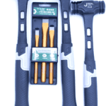 ```json { "alt": "Three black and gray rubber hammers with different weights next to a set of three steel chisels.", "title": "Set of rubber hammers and steel chisels." } ```