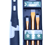 ```json { "alt": "A black rubber mallet next to a set of three chisels in packaging.", "title": "Rubber Mallet and Chisel Set" } ```
