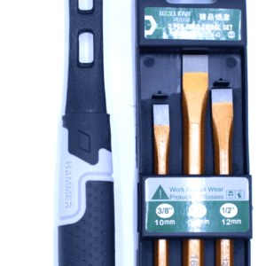 ```json { "alt": "A black rubber mallet next to a set of three chisels in packaging.", "title": "Rubber Mallet and Chisel Set" } ```