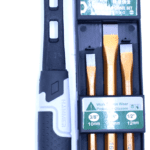 ```json { "alt": "A rubber hammer and a set of three chisels in a plastic case.", "title": "Rubber Hammer and Chisel Set" } ```