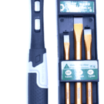 ```json { "alt": "A black rubber mallet next to a set of three chisels in a black case.", "title": "Rubber Mallet and Chisel Set" } ```