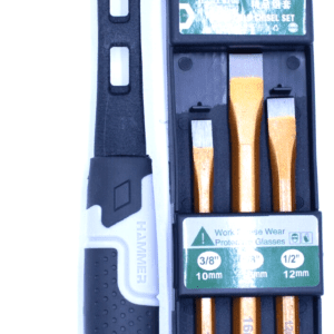 ```json { "alt": "A J-Tech 3LB black handled hammer and a set of three chisels in a plastic case.", "title": "J-Tech 3LB Hammer and Chisel Set" } ```