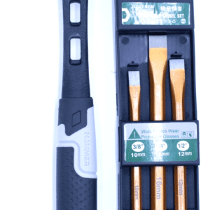 ```json { "alt": "Black rubber mallet and set of three chisels in packaging.", "title": "Rubber Mallet and Chisel Set" } ```