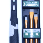 ```json { "alt": "A black and grey hammer next to a set of three chisels in a case.", "title": "Hammer and chisel set" } ```